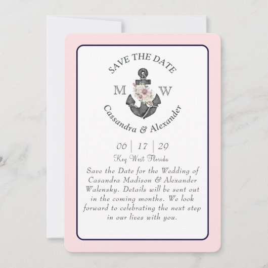 Blumenanker Hochzeit in blauem Rosa Einladung (Vorderseite)