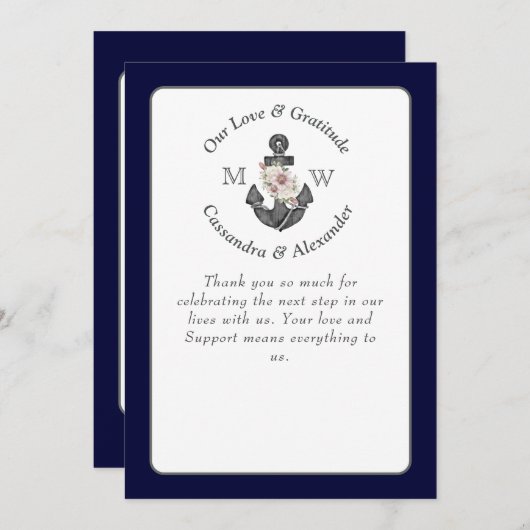 Blumenanker mit Rope Beach Wedding Navy Blue Dankeskarte (Vorne/Hinten)