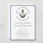Blumenanker Nautical Wedding Dusty Blue Stripe Einladung (Vorderseite)