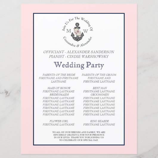 Blumenanker, nautische Hochzeit Pink Navy Blau (Rückseite)