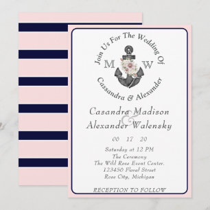 Blumenanker, nautische Hochzeit Pink Navy Blau Einladung