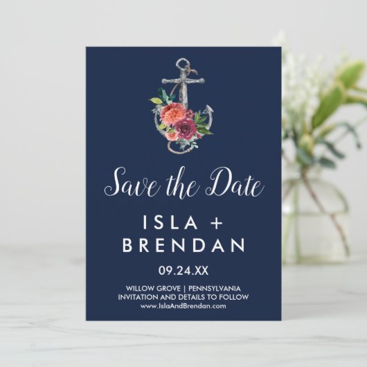 Blumenanker | Navy Autumn Save the Date Card (Stehend Vorderseite)