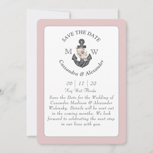 Blumenanker Navy Blue Pink Nautical Wedding Inv Einladung (Vorderseite)
