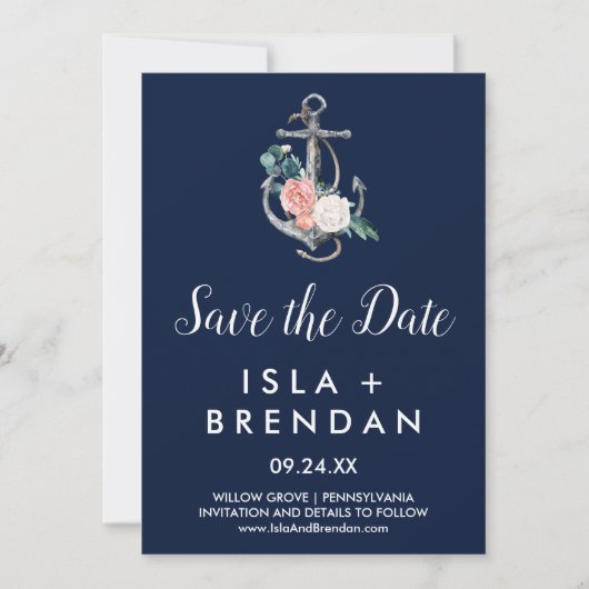 Blumenanker | Navy Summer Save the Date Card (Vorderseite)