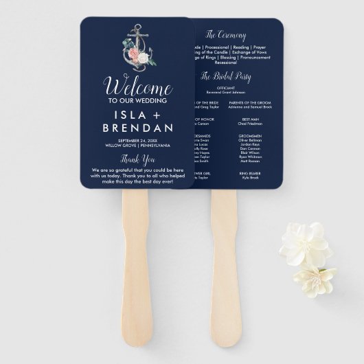 Blumenanker | Navy Summer Wedding Program Fächer (Vorne und Hinten)