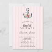 Blumenanker Rosa Streifen Brautparty Einladung (Vorderseite)