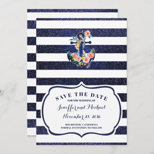 Blumenanker Save the Date gestreift Einladung (Vorne/Hinten)