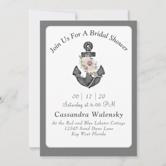 Blumenanker Weiß Silbergrau Schöne Hochzeit Einladung (Vorderseite)