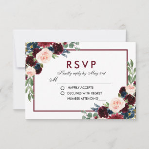 Blumenaquarell Blau Burgunder Hochzeit RSVP Karte