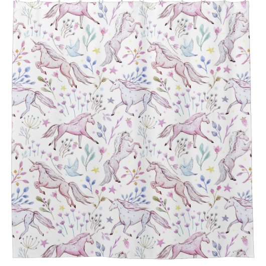 BlumenAquarell-Einhorn-Muster Duschvorhang (Vorderseite)