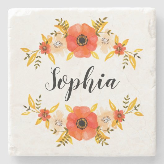 BlumenAquarell-korallenroter Steinuntersetzer (Vorderseite)