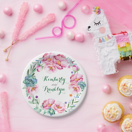 BlumenAquarell-Kranzrosa Succulents boho Pappteller (Party)