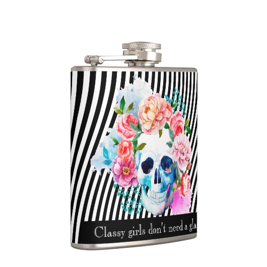 BlumenAquarell-Schädel mit Streifen Flachmann (Rechts)