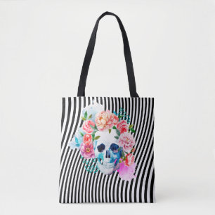BlumenAquarell-Schädel mit Streifen Tasche
