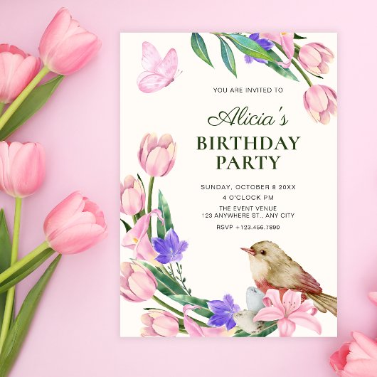 Blumenast Vogel Geburtstag Einladung