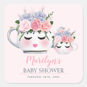 Blumenbaby-Dusche Fräulein-Eyelashes Teapot Mom Quadratischer Aufkleber