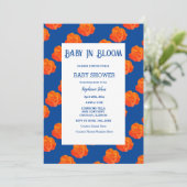 Blumenbaby in Bloom Baby Dusche Orange Navy Blue Einladung (Stehend Vorderseite)
