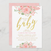 BlumenBabyparty erröten rosa Gold Einladung (Vorne/Hinten)