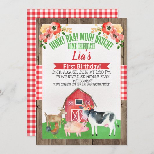 Blumenbarnyard Farm Geburtstagseinladung Einladung (Vorne/Hinten)