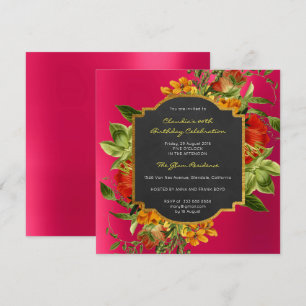 Blumenbarocke Birthday Gold Rahmen Rosa Himbeere Einladung