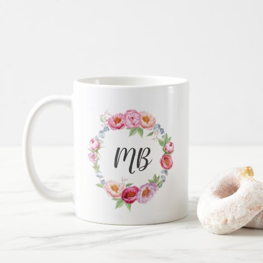 Blumenbäuche werfen Aquarellfarben Monogram-Tasse Kaffeetasse (Mit Donut)