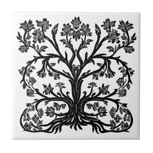 Blumenbaum in Schwarz auf Weiß Fliese (Vorderseite)