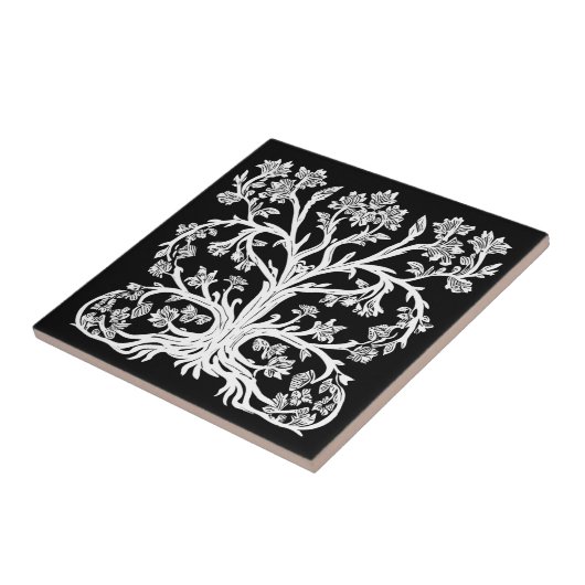 Blumenbaum in Weiß auf Schwarz Fliese (Seite)