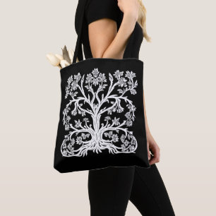 Blumenbaum in Weiß auf Schwarz Tasche