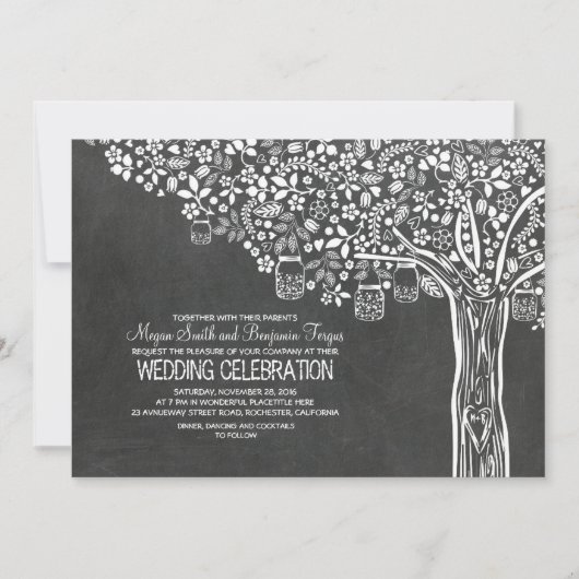 Blumenbaum Mason Jar Lights Hochzeit Chalkboard Einladung (Vorderseite)