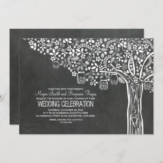 Blumenbaum Mason Jar Lights Hochzeit Chalkboard Einladung (Vorne/Hinten)