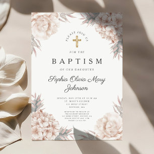 Blumenbäume Gold Cross Girl Religiöse Taufe Einladung