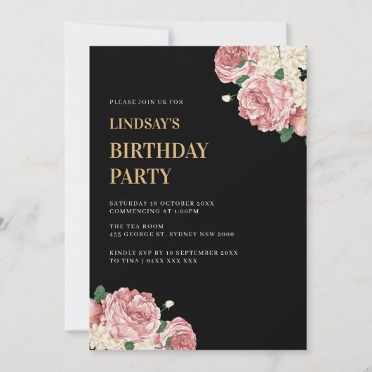 Blumenbäume und Rose auf der Black Birthday Party Einladung (Vorderseite)