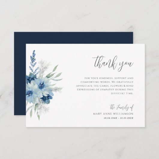 Blumenbeerdigung in Blau und Weiß Dankeschön-Karte Dankeskarte (Vorne/Hinten)