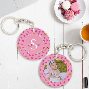 Blumenbeere Pink-Aquarellfarben-Muster Monogramm Schlüsselanhänger