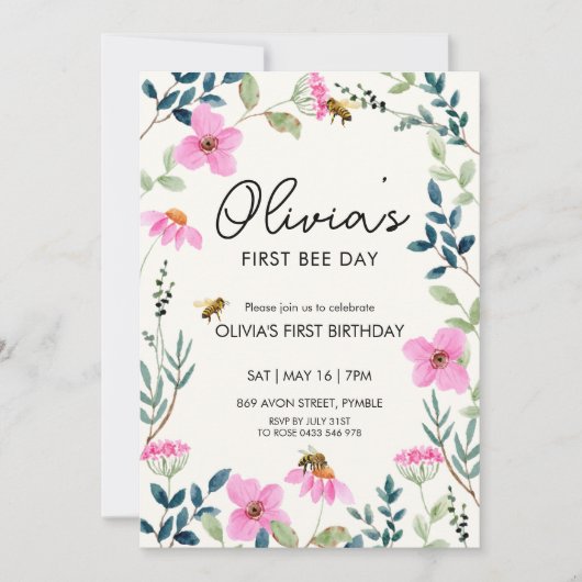 Blumenbeere zum ersten Geburtstag Einladung (Vorderseite)