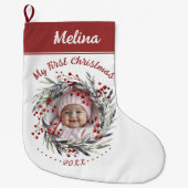 Blumenbeeren Baby's First Christmas Foto Großer Weihnachtsstrumpf (Vorderseite)