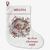 Blumenbeeren Baby's First Christmas Foto Großer Weihnachtsstrumpf (Vorderseite)