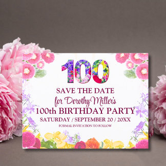 Blumenbeete 100. Geburtstag Save the Date, elegant Postkarte