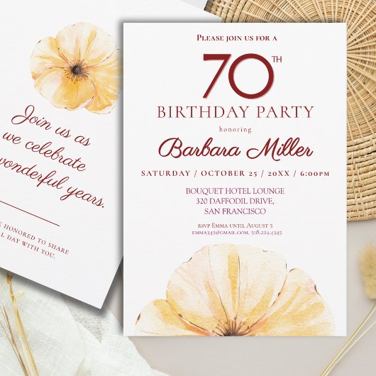 Blumenbeete 70. Geburtstag - Eleganter Gelbfall Einladung