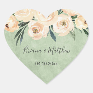 Blumenbeige Blush auf grüne Gastgeschenke Hochzeit Herz-Aufkleber