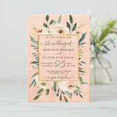 Blumenbeige Blush Gold auf rosa Hochzeit Einladung (Stehend Vorderseite)