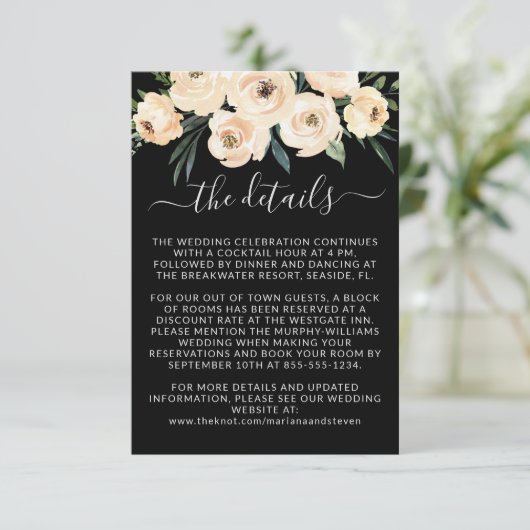 Blumenbeige Blush Gold auf schwarzen Hochzeiten De Begleitkarte (Stehend Vorderseite)