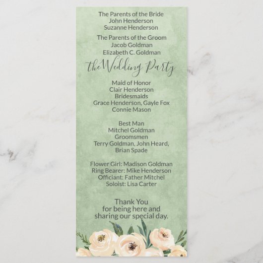 Blumenbeige Blush Sage Green Wedding Program Programm (Rückseite)