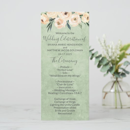 Blumenbeige Blush Sage Green Wedding Program Programm (Stehend Vorderseite)