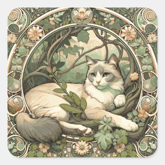 Blumenbeige und Jugendstil-Katze Quadratischer Aufkleber (Vorderseite)
