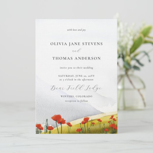 Blumenberge Wildblume Poppies Hochzeiten Einladung (Stehend Vorderseite)