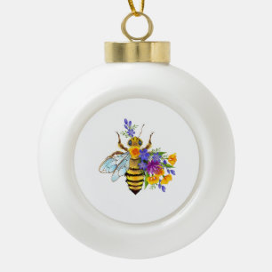 Blumenbiene mit Wildpflanzen Keramik Kugel-Ornament
