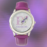 Blumenbild mit Zahlen, Name und Anfangsbuchstaben  Armbanduhr<br><div class="desc">Blumenmuster mit Zahlen rund um den Umfang. Name & Erste Initiale auf einer Kinderuhr. Das Design bietet Monogram & Name mit Blume in einem pastellfarbenen Aquarell-Stil. Beispielname ist Elizabeth. Ändern Sie den Namen nach Wunsch für jeden,  der einen mit E beginnenden Namen hat.</div>