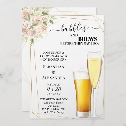 Blumenblasen und Brause Paare Einladung (Vorne/Hinten)