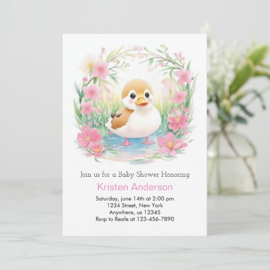 Blumenbläser Pink Duck Girl Babydusche Einladung (Stehend Vorderseite)
